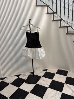 REVOLVE Black Polka Dot Strapless Dress with White Bubble Hem